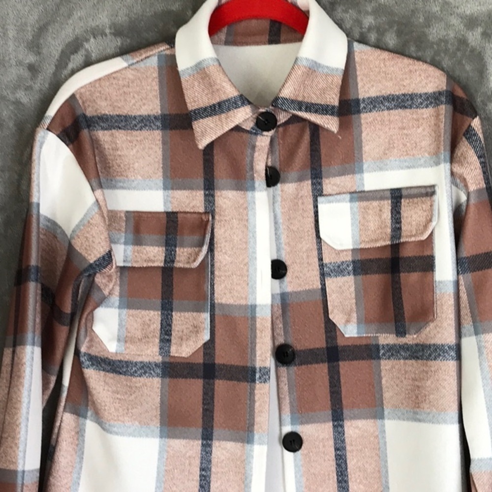 Women's Plaid Shacket Shirt Jacket Tan Cream Button Front Overshirt Lightweight - Picture 3 of 15